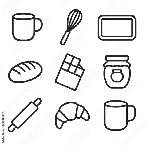 Linear baking icons: mug, whisk, tray, bread, chocolate, jar, rolling pin, croissant