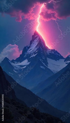 Wallpaper Mural A dramatic image of a lightning bolt striking a majestic mountain peak, symbolizing spiritual power and enlightenment The raw energy of nature captured in a breathtaking scene , light, energy Torontodigital.ca
