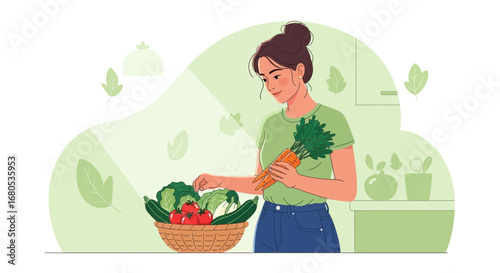 Healthy Eating Lifestyle: A Woman Preparing Fresh Vegetables in Her Kitchen