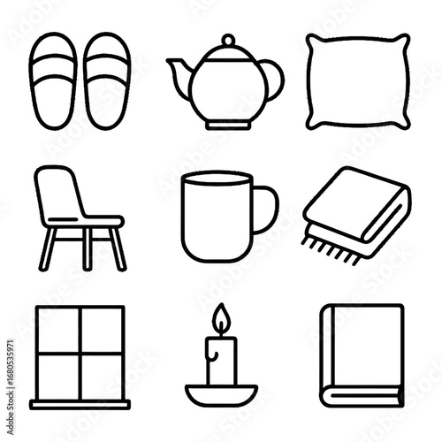 Cozy home essentials with black outline icons featuring teapot, slippers, and candle