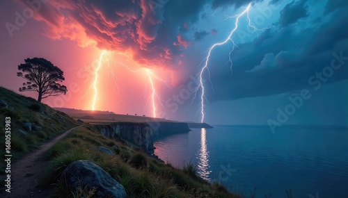 Wallpaper Mural A dramatic, stylized image of a lightning bolt striking a serene landscape, symbolizing spiritual awakening and transformative power , energy, clouds, divine Torontodigital.ca