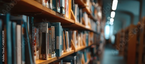 A neat stack of various books resting on top of a bookshelf in a library