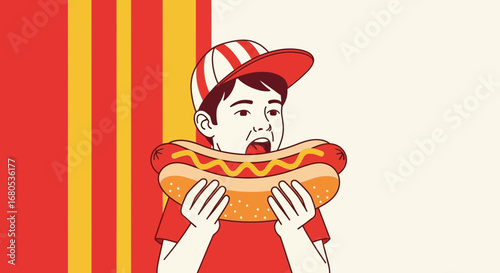 Hungry Boy Devours Mega Hot Dog, American Fast Food Icon Against Striped Backdrop