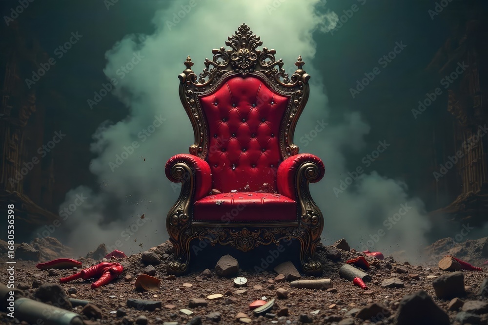 custom made wallpaper toronto digitalA furious, red-tinged crown rests atop a crumbling throne, surrounded by scattered, broken objects, symbolizing the chaotic reign of an angry monarch , royalty, majesty, conflict