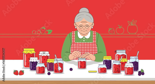 Illustrative Portrait of A Grandma Preparing Preserves in Her Cozy Kitchen Environment