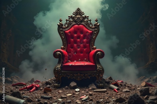 Wallpaper Mural A furious, red-tinged crown rests atop a crumbling throne, surrounded by scattered, broken objects, symbolizing the chaotic reign of an angry monarch , royalty, majesty, conflict Torontodigital.ca