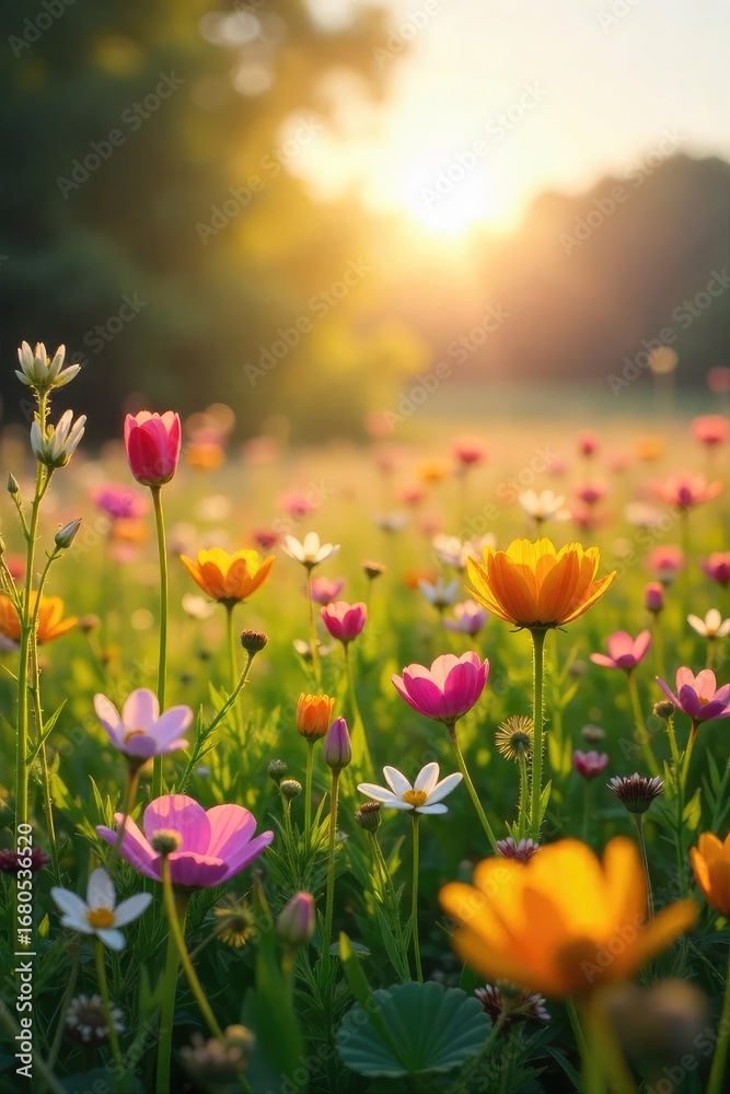 custom made wallpaper toronto digitalA gentle springtime breeze dances through a field of wildflowers, bending their delicate stems The sun shines warmly, casting long shadows across the vibrant landscape , wildflowers, nature, color