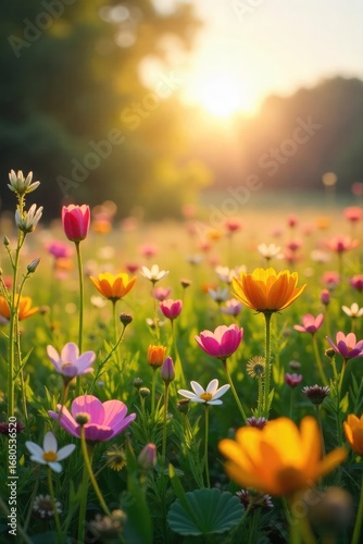 Wallpaper Mural A gentle springtime breeze dances through a field of wildflowers, bending their delicate stems The sun shines warmly, casting long shadows across the vibrant landscape , wildflowers, nature, color Torontodigital.ca