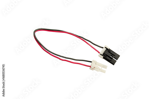 Electrical wire connector isolated with red and black cables, two-pin plug adapter for automotive or electronic devices, power connection wiring harness for repair and installation