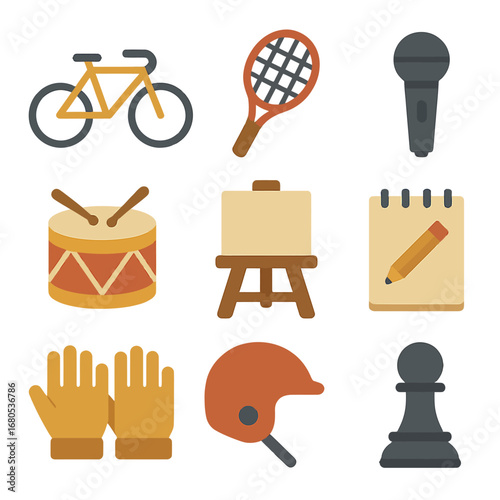Hobby and sports icons in modern flat design with soft glow effect