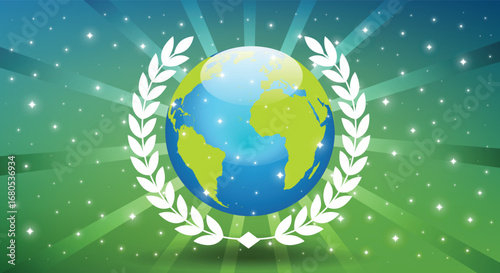 Earth Globe with White Laurel Wreath Symbol of Peace and Unity