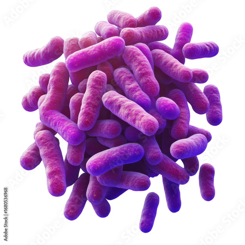 Microscopic view of rodshaped bacteria cells clustered together in a vibrant purple and pink hue against a stark for scientific illustration on transparent background