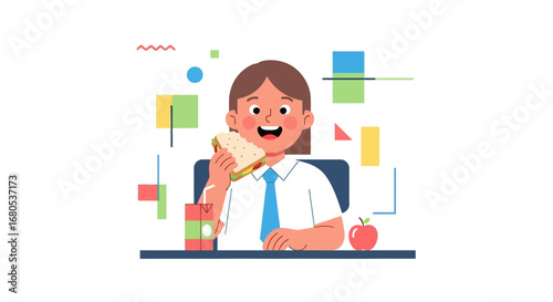 Joyful Schoolchild Eating Sandwich During Lunch Break, Vector Illustration, Happy Meal Time