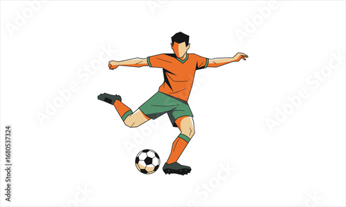 Dynamic male soccer player in orange and green kit kicking a black and white ball.