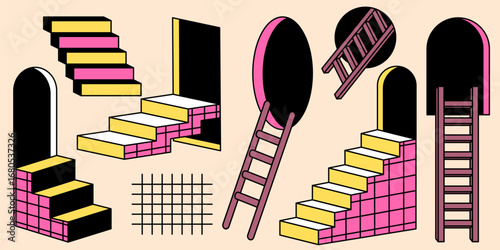 Retro ladder collection with geometric stairs, grid pattern and archway designs for vintage aesthetics. Isometric steps and climbing equipment. Memphis style architectural elements for poster design