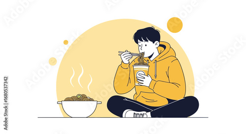 Joyful Young Person Eating Noodles with Chopsticks in Casual Clothing Illustration
