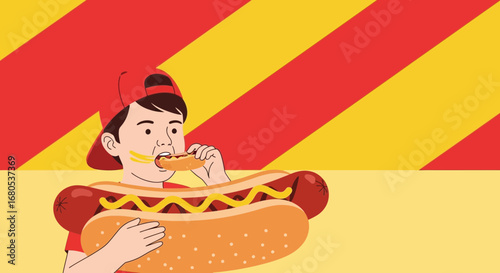 Joyful Youngster Devouring A Delicious Hot Dog Costume Against Vivid Backdrop
