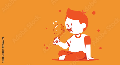 Kid Excited To Eat Fried Chicken Leg, Cartoon Illustration, Orange Background