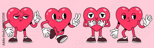 Cartoon groovy heart characters with leg animations, retro mascot expressions and hand gestures for valentine designs. Red kawaii love figures emoticons for stickers or romantic greeting cards.