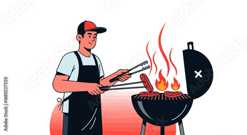 Man Barbecuing Hot Dogs on Grill, Preparing Food for Summer Festival or Outdoor gathering