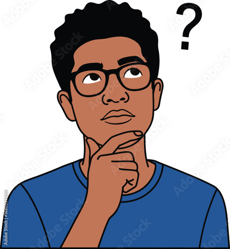 Thoughtful Young Man, Contemplative Expression, Question Mark, Illustration