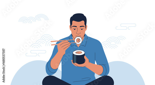 Man Consuming Sushi, A Digital Illustration Depicting Japanese Delicacy and Culture
