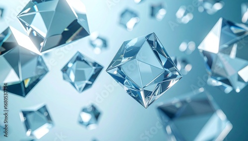 Floating 3D glass polygons suspended in air, casting intricate reflections on a minimal backdrop with lifelike precision, 