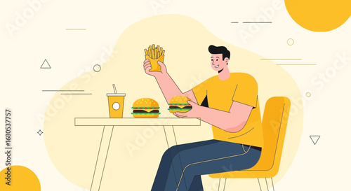 Man Enjoying Meal: Burger, Fries, and Drink: A Simple Visual Delight