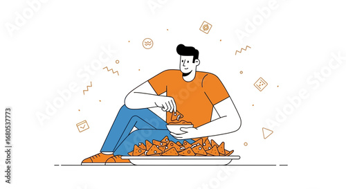 Man Enjoying Nachos: A Joyful Illustration of Casual Snack Time