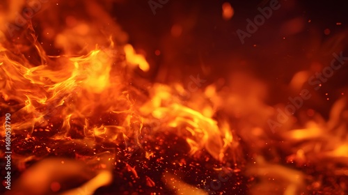 A vibrant, fiery display of flames dancing over glowing embers, creating a captivating scene of intense heat and energy.