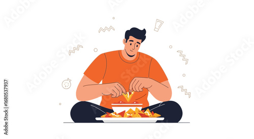 Man Enjoys Nachos, Dipping Crispy Snacks Into Spicy Sauce, Simple Delight
