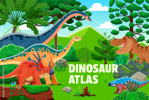 Prehistoric dinosaurs atlas book cover vector template with cartoon dino animals. Funny jurassic tyrannosaurus, styracosaurus and shunosaurus dinosaur characters at prehistoric jungle forest landscape