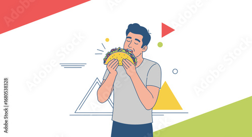 Man Savoring Delightful Taco: Minimalist Illustration of Food and Enjoyment