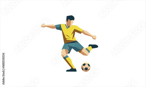 Dynamic soccer player in yellow and blue uniform kicking a football with focused intensity.