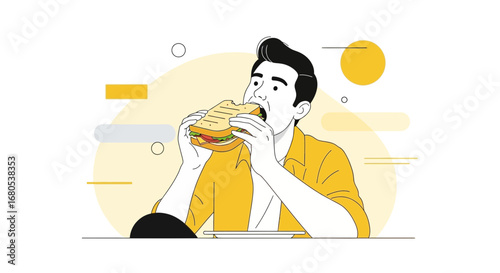 Man Savoring Large And Delicious Sandwich In Modern Flat Line Art Style
