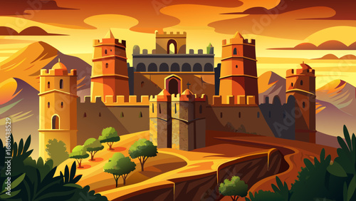 Gondar Castles, Ethiopia, display high towers, crenellated walls, and royal enclosures. Sunset enhances stone surfaces; semi-realistic flat vector with layered architecture and deep golden accents.