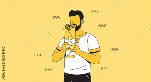 Person Eating Delicious Shawarma Illustration On A Yellow Background In Minimalist Style