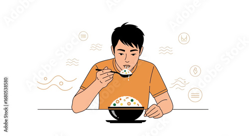 Person Enjoying A Meal Of Rice, Illustration Of Healthy Eating Lifestyle Minimalist