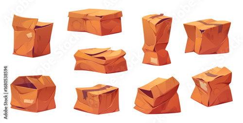 Damaged, crumpled and broken delivery cardboard box package, crushed and ripped cargo parcel. Vector set of crashed freight, spoiled parcels showing logistics challenges and postal shipping issues