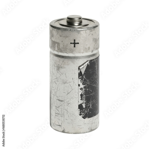 Old scratched aa battery on transparent background with visible positive terminal