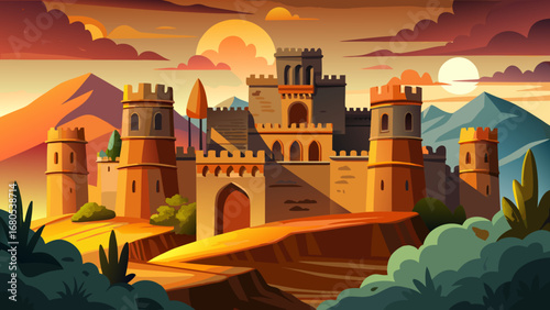 Gondar Castles, Ethiopia, display high towers, crenellated walls, and royal enclosures. Sunset enhances stone surfaces; semi-realistic flat vector with layered architecture and deep golden accents.