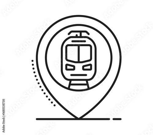 Railroad and railway icon of train location pin for subway metro or tram, vector pictogram. Railroad and railway line symbol of location pin for metro and tram train for transport schedule navigation