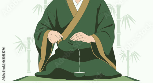 Person Preparing Tea with Bamboo Backdrop, Peaceful Ceremony and Green Robes Shown