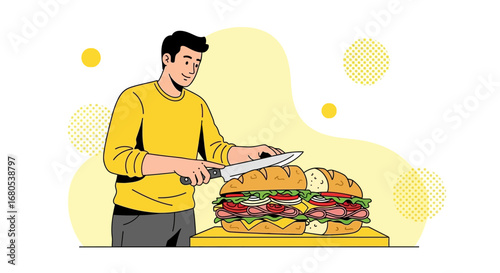 Person Preparing Delicious Sandwich On Wooden Board With Fresh Ingredients and knife