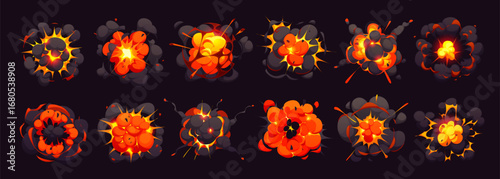 Comic bomb explosion blast effect with cartoon fire and smoke boom clouds, vector set. TNT bomb explodes with smoke cloud mushroom of atomic bomb blast with puffs for cartoon dynamite explosion effect