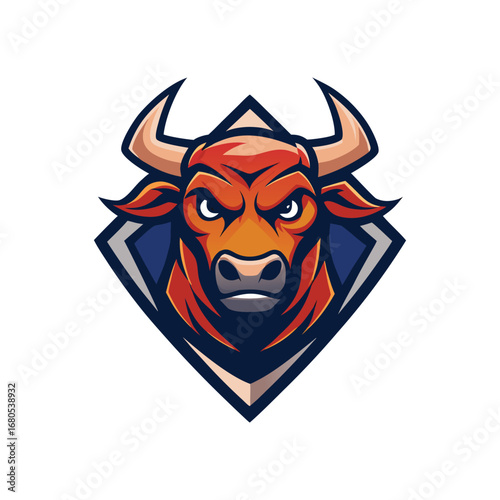 Fierce red bull mascot head emblem with sharp horns and determined eyes