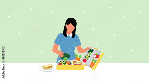 Preparing Fresh Lunch: Woman Arranges Nutritious Food in a Lunchbox for Health