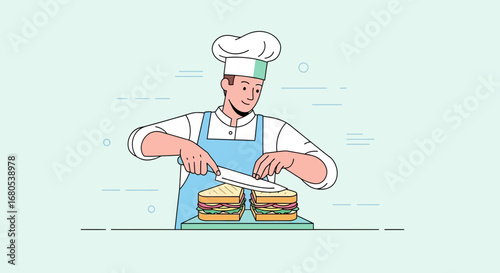 Professional Chef Expertly Slicing Fresh Sandwiches, Culinary Excellence In the Kitchen