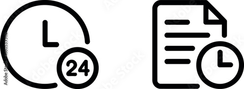 Set of two simple outline icons representing time and document with clock symbol for service availability and deadlines silhouette