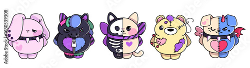 Goth teddy creatures with bunny, black horse and skeleton cat for alternative kawaii design. Stitched bear with patches, demon puppy with horns. Emo plushie characters for dark creepy cute stickers.